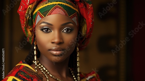 African woman wearing traditional national clothing and head wrapper. Black History Month concept. Black beautiful lady close-up portrait dressed in colourful cloth and jewellery. .