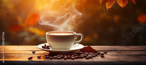 Freshly brewed coffee on table, bright morning shot with blurred background and copy space