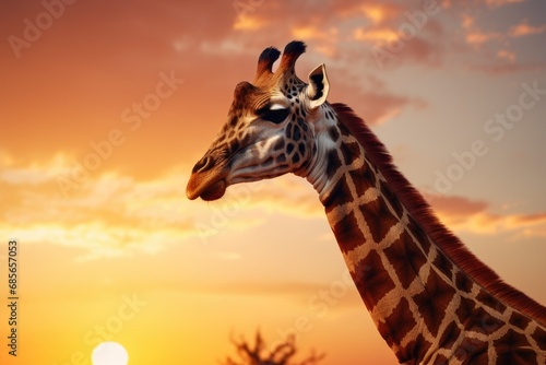 A majestic giraffe standing in front of a beautiful sunset. This stunning image captures the grace and elegance of this incredible animal. Perfect for nature lovers and wildlife enthusiasts. © Ева Поликарпова
