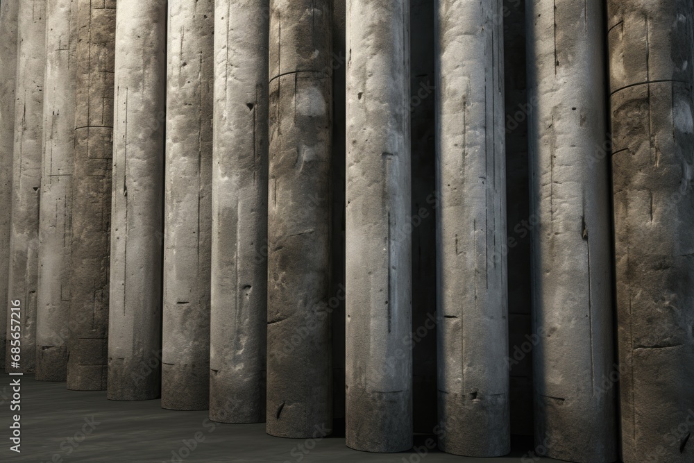 A row of concrete pillars in a building. This image can be used to represent architecture, construction, or urban design A row of concrete pillars in a building. This image can be used to represent architecture, construction, or urban design