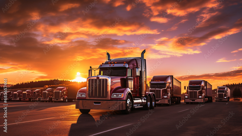 Parked trucks in front of bright sunrise