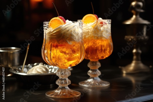 A picture of a couple of glasses filled with drinks placed on top of a table. Perfect for illustrating social gatherings, celebrations, or a night out with friends