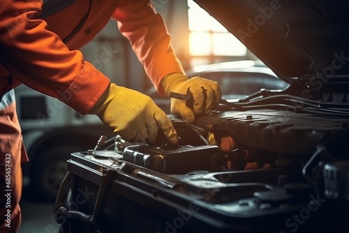 Technician Hands of car mechanic working repair in auto repair Service electric battery and Maintenance of car battery. Check the electrical system inside the car 