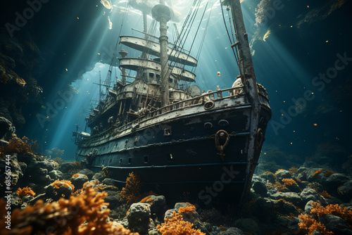 Sunken old wooden ship underwater, pirate ship shipwreck at sea