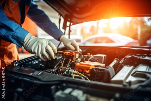 Technician Hands of car mechanic working repair in auto repair Service electric battery and Maintenance of car battery. Check the electrical system inside the car photo