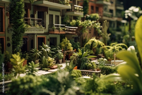 A model of a building filled with an abundance of plants, creating a lush and green environment.