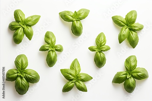 Set of high detailed fresh green basil leaves in herb garden isolated on white background