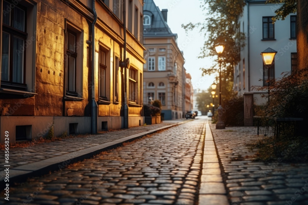 A picturesque view of a cobblestone street in a charming European city.