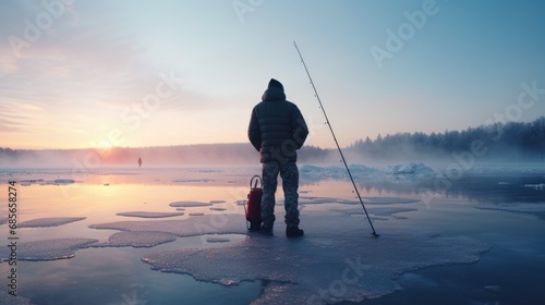 A man gearing up for a day of ice fishing photo realistic illustration - Generative AI.