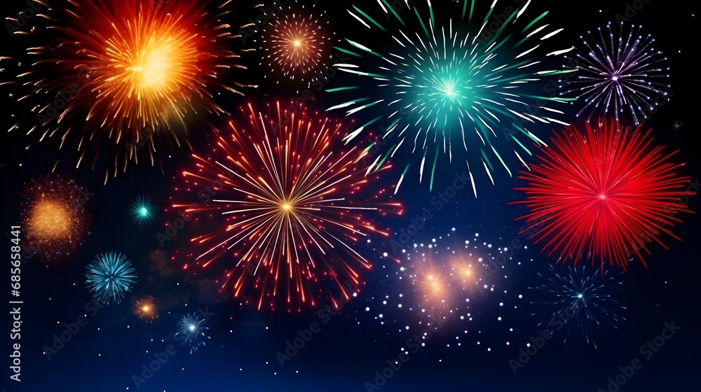 Naklejka premium Sparkling colorful fireworks explode in a myriad of colors against a dark blue sky, perfect for festive and New Year themes