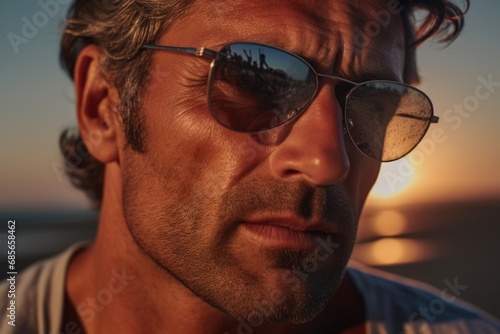 A man confidently looking at the camera while wearing sunglasses. This picture can be used for various purposes.