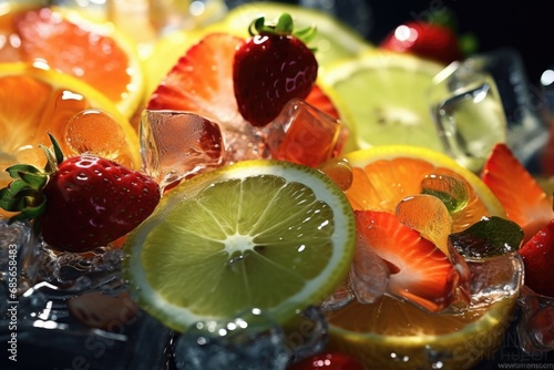 A close-up view of a bowl filled with a variety of fresh and colorful fruits, topped with ice cubes. 