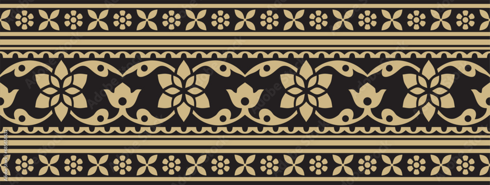 Vector seamless gold and black Indian national ornament. Ethnic endless plant border. Flowers frame. Poppies and leaves..