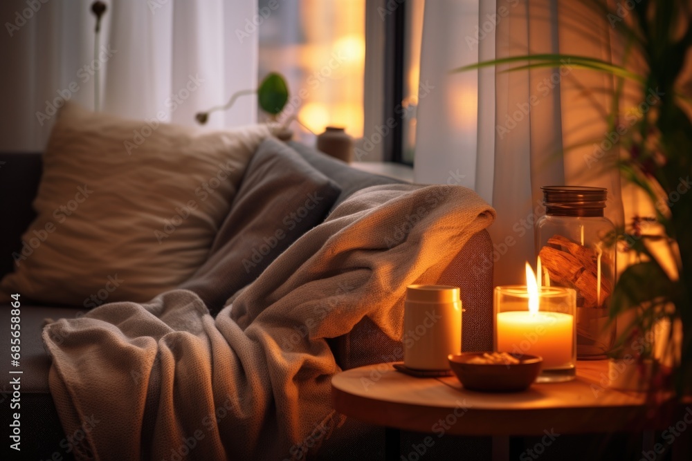 A lit candle sitting on top of a table next to a window. Suitable for creating a cozy and peaceful atmosphere. A lit candle sitting on top of a table next to a window. Suitable for creating a cozy and peaceful atmosphere.