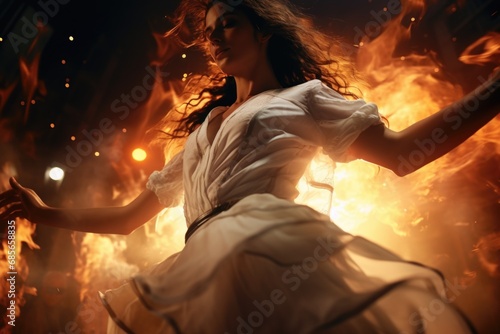 A woman in a white dress stands in front of a mesmerizing fire. 