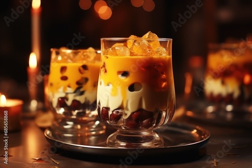 A glass of fruit pudding with a candle in the background. This image can be used to showcase a delicious dessert or to create a warm and cozy atmosphere