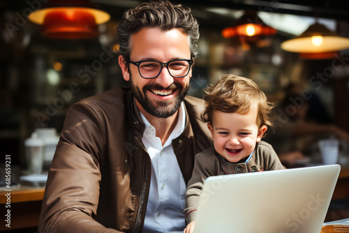 Smiling man and baby boy sitting together in front of a laptop in a cozy cafe. Concept of parents and children, young users and gadgets, modern technologies and internet from early childhood