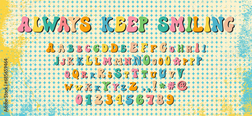 Retro style font alphabet. Groovy font. Hippie doodle typography. Groovy alphabet letters, numbers, punctuation marks. 60s groovy font. Retro cartoon alphabet. Vintage grunge hippie background.