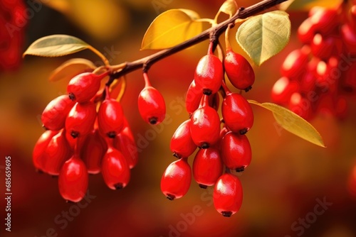A vibrant image showcasing a bunch of red berries hanging from a tree. This picture can be used to add a pop of color and nature's beauty to various projects