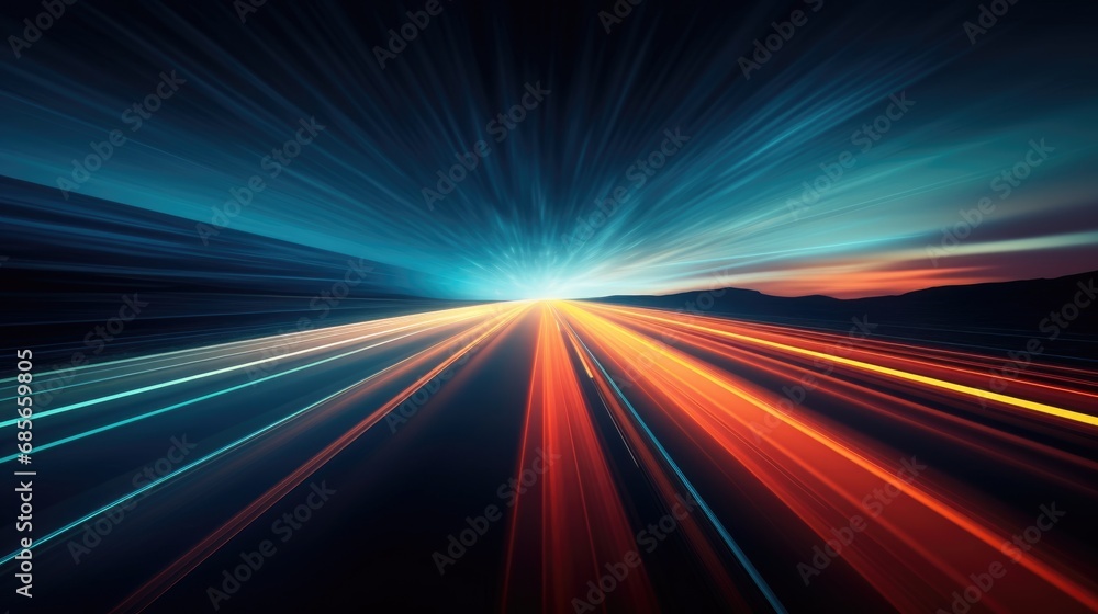 Abstract long exposure with colorful speed light trail concept. Generative AI.