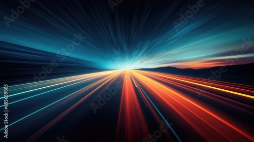 Abstract long exposure with colorful speed light trail concept. Generative AI.