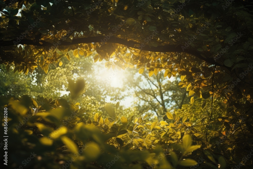 A picture capturing the beautiful sunlight shining through the leaves of a tree. Perfect for nature-themed designs and illustrating the tranquility of a sunny day.