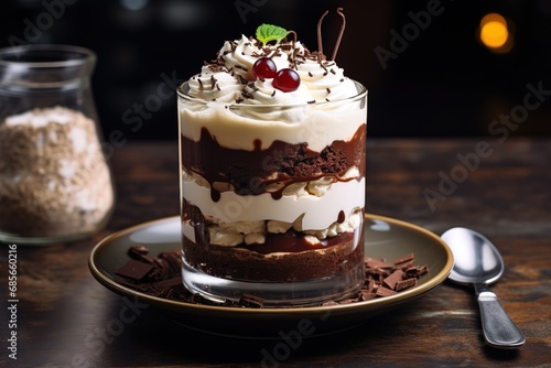 Schokoladentorte im Glas. Schwarzwälder Kirschtorte im Glas serviert als leckeres Dessert im Restaurant oder auch selbstgemacht. Sahne Süßspeise mit Schokolade.