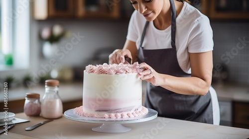 Lecker Torte backen. Sahnetorte zubereiten in der Küche vom Profi. Frau beim Torte dekorieren. photo