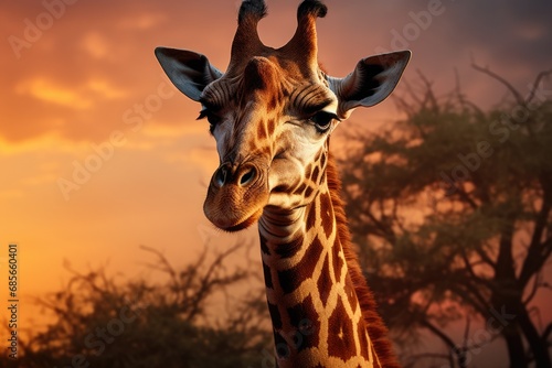 A stunning image of a giraffe standing tall in front of a beautiful sunset. 