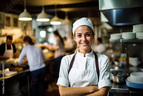 Junge Küchenchefin steht stolz vor Ihrer Küche im Restaurant. Führungskraft in der Gastronomie oder Jungköchin bei der Arbeit. Auszubilden Köchin in der Restaurantküche. photo