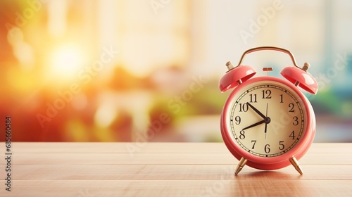 Serene morning ambiance alarm clock, coffee on table with blurred background and text space