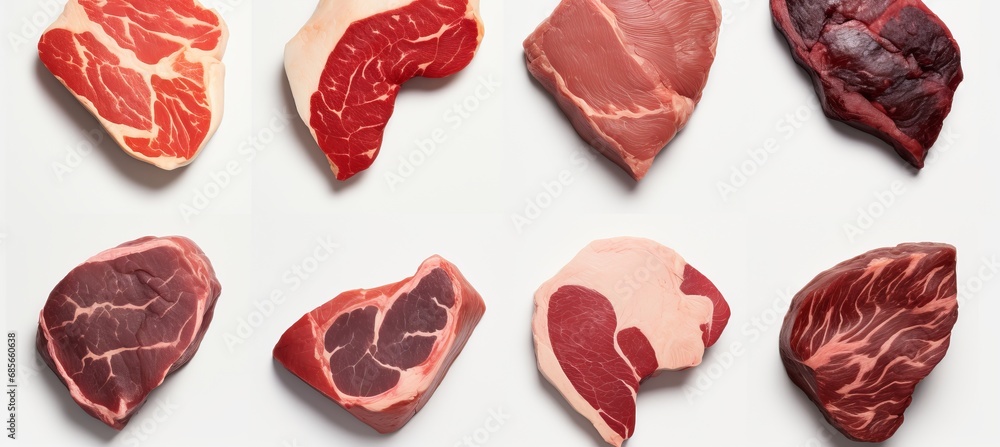 Diverse assortment of raw steaks, viewed from a top down perspective, isolated on a white background Diverse assortment of raw steaks, viewed from a top down perspective, isolated on a white background