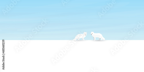Arctic Fox family in snowland vector illustration. Snow landscape concept have blank space. photo