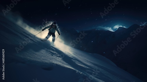 A man skiing down a snow-covered mountain photo realistic illustration - Generative AI.