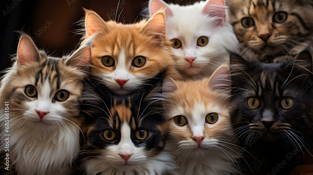 Feline Harmony Close-Up Top View of a Pile of Adorable Cats. Feline Harmony Close-Up Top View of a Pile of Adorable Cats.