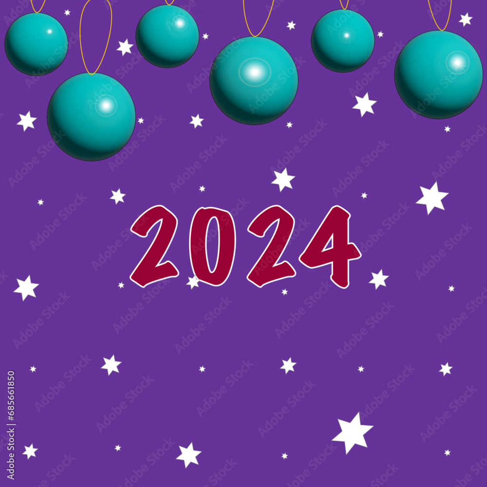 New Year 2024. Violet background with green balls, snow and red text 2024 New Year 2024. Violet background with green balls, snow and red text 2024