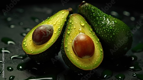 Ripe avocados with water drops on a black background. Vegan Concept. Healthy Food Concept with copy space.