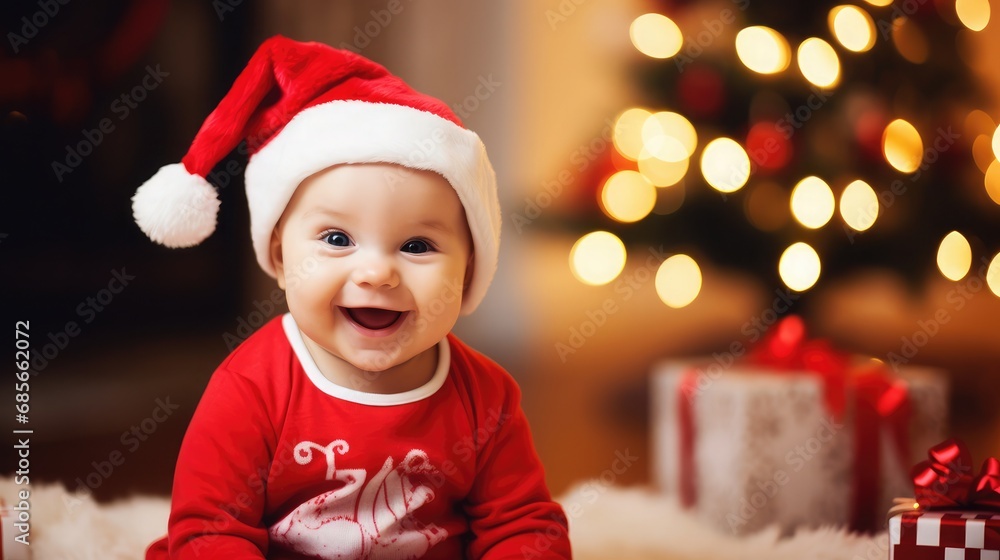Baby's first christmas living room. baby with santa hat smiling. holiday christmas decoration. beautiful christmas tree with fireplace. presents and lights Baby's first christmas living room. baby with santa hat smiling. holiday christmas decoration. beautiful christmas tree with fireplace. presents and lights