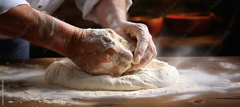 Talented baker skillfully kneading dough for baking fresh bread in a vibrant bakery, bright photo