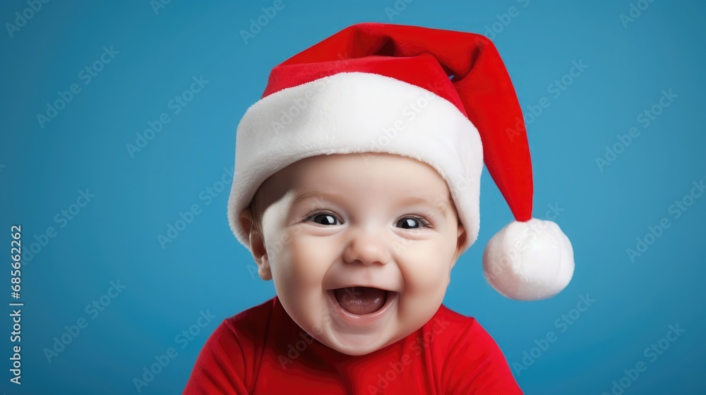 Cute baby in a red Santa hat on a plain blue background, copy space Cute baby in a red Santa hat on a plain blue background, copy space