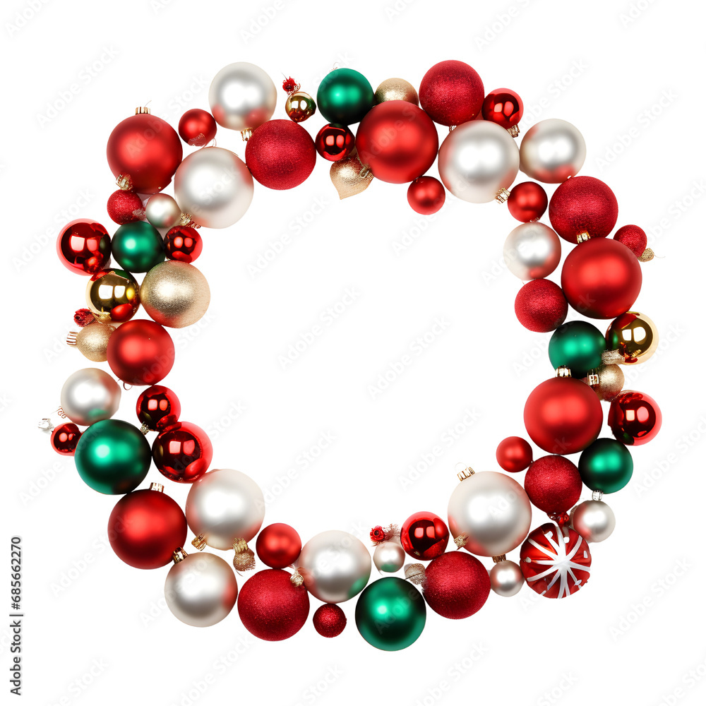 A festive Christmas frame made of red and green ornaments creating a circular frame, ideal for holiday greetings A festive Christmas frame made of red and green ornaments creating a circular frame, ideal for holiday greetings