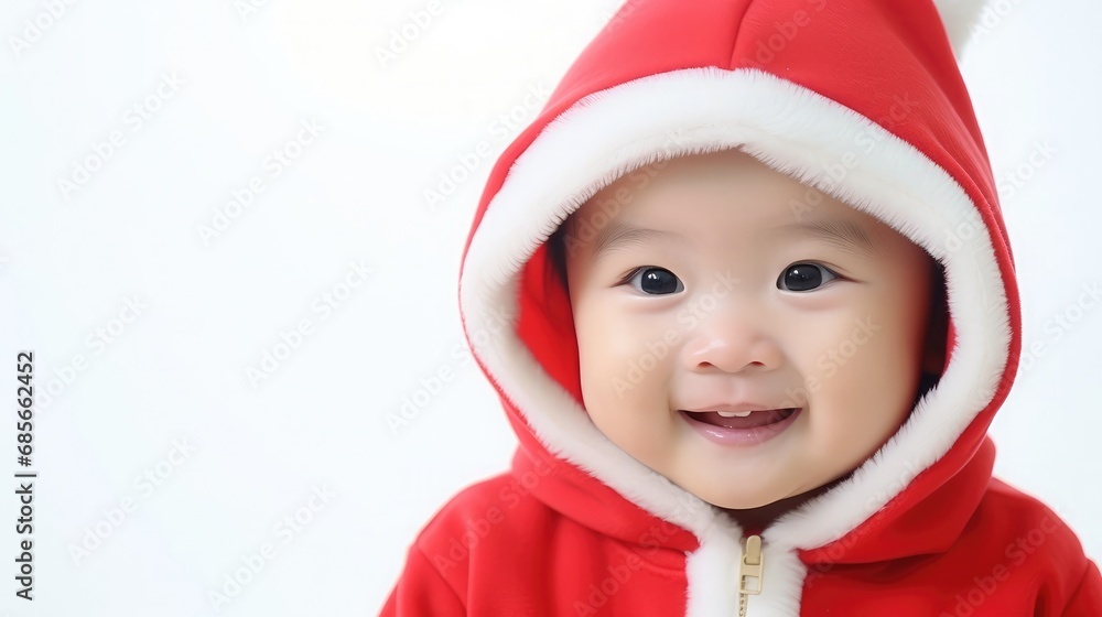 Asian child, wearing Santa Claus costume, simple background, White background copy space Asian child, wearing Santa Claus costume, simple background, White background copy space