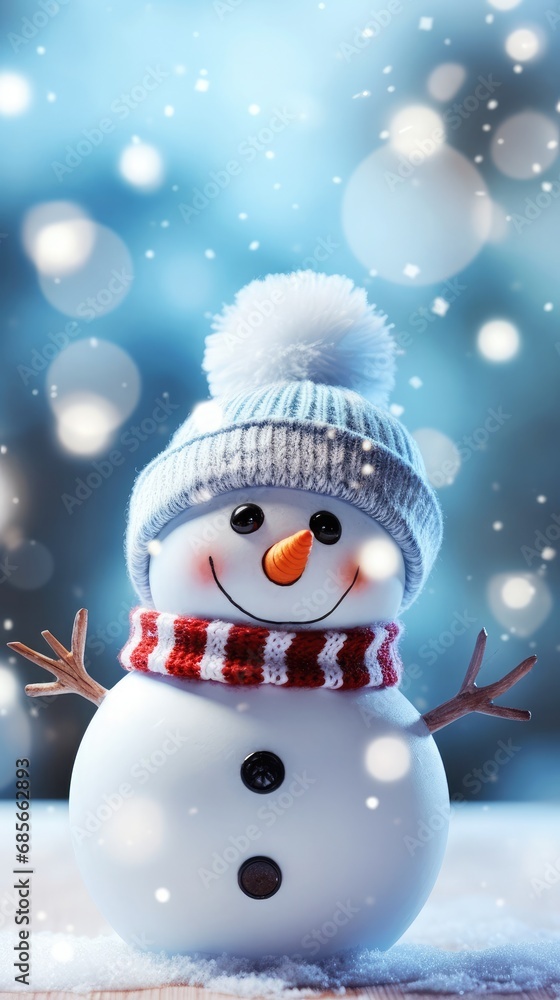 Christmas winter background with snow, one cute snowman and blurred bokeh. Merry Christmas and happy new year Vector illustration with empty space for text Christmas winter background with snow, one cute snowman and blurred bokeh. Merry Christmas and happy new year Vector illustration with empty space for text