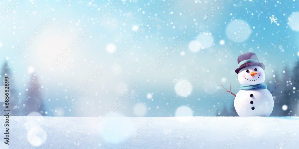 Fototapeta premium Christmas winter background with snow, one cute snowman and blurred bokeh. Merry Christmas and happy new year Vector illustration with empty space for text