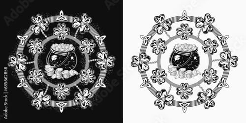 Circular St Patricks Day pattern like mandala. Pot full of treasures, lucky clover, triskele sign, circles. For prints, clothing, t shirt, plate, surface design. intage style