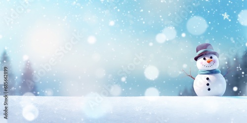 Christmas winter background with snow, one cute snowman and blurred bokeh. Merry Christmas and happy new year Vector illustration with empty space for text © sambath