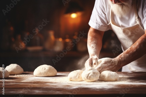 Skilled baker kneading dough in bakery, blurred background with copy space, vibrant and bright photo
