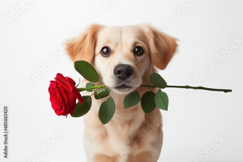 Valentine's Day concept. Funny portrait cute dog puppy with red rose flower in his mouth, isolated on a white background. Lovely dog in love gives a gift on Valentine's Day photo