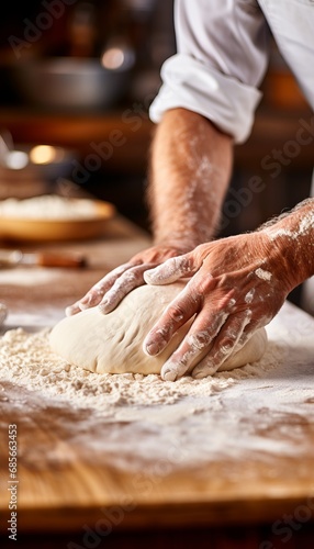 Skilled baker kneading dough in bakery with blurred background, perfect for text placement.