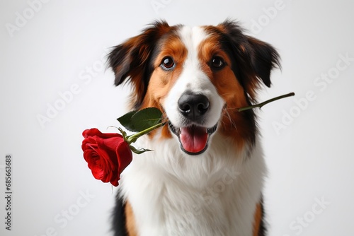 Cute portrait dog sitting and looking at camera with red rose in its mouth, isolated on a white background, concept for holidays and greetings #685663688